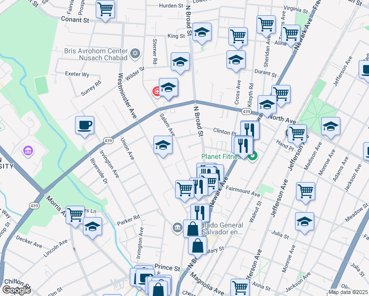 map of restaurants, bars, coffee shops, grocery stores, and more near 664 Salem Avenue in Elizabeth