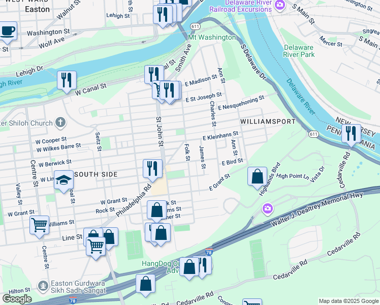 map of restaurants, bars, coffee shops, grocery stores, and more near 514 Folk Street in Easton