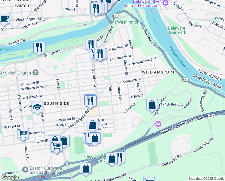 map of restaurants, bars, coffee shops, grocery stores, and more near 514 Folk Street in Easton
