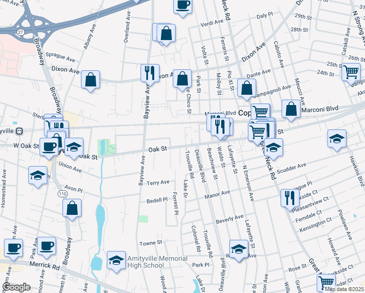 map of restaurants, bars, coffee shops, grocery stores, and more near Oak Street & Noelle Court in Amityville