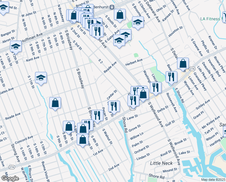 map of restaurants, bars, coffee shops, grocery stores, and more near 443 South 3rd Street in Lindenhurst