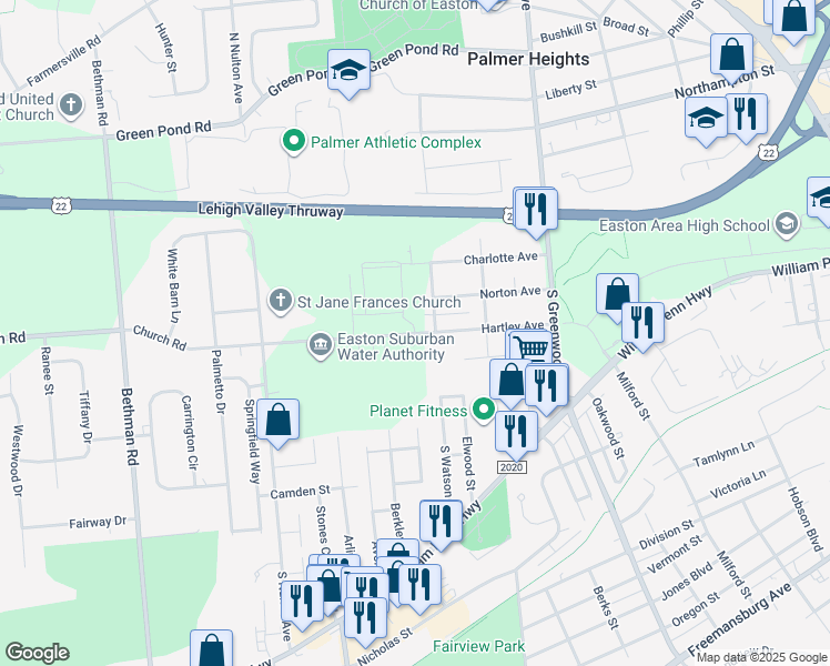 map of restaurants, bars, coffee shops, grocery stores, and more near 3667 Hartley Avenue in Easton