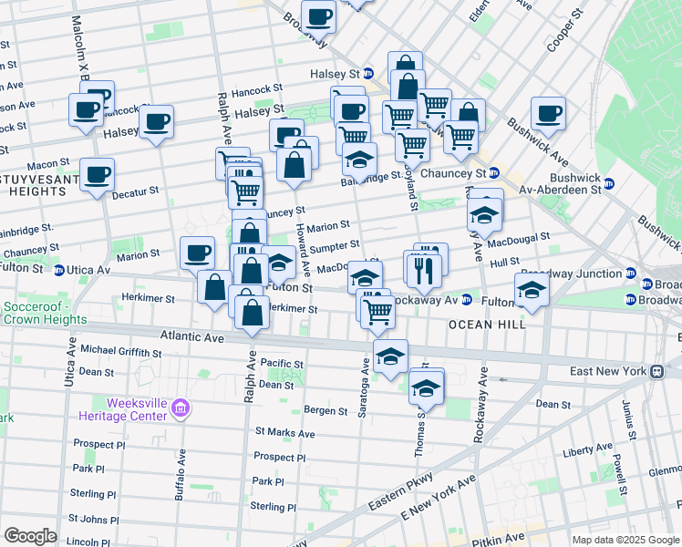 map of restaurants, bars, coffee shops, grocery stores, and more near 184 Saratoga Avenue in Brooklyn
