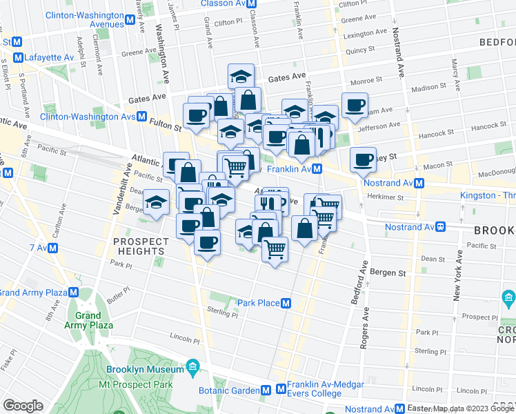 map of restaurants, bars, coffee shops, grocery stores, and more near 1001 Atlantic Avenue in Brooklyn