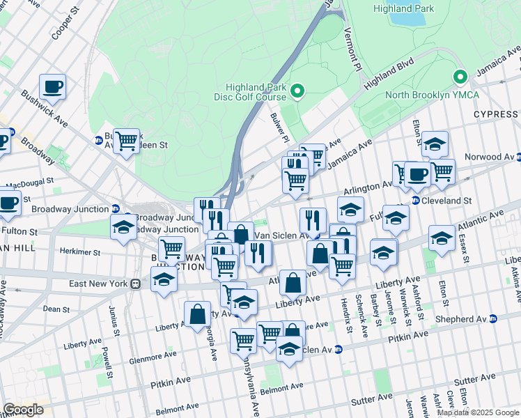 map of restaurants, bars, coffee shops, grocery stores, and more near 137 Jamaica Avenue in Brooklyn