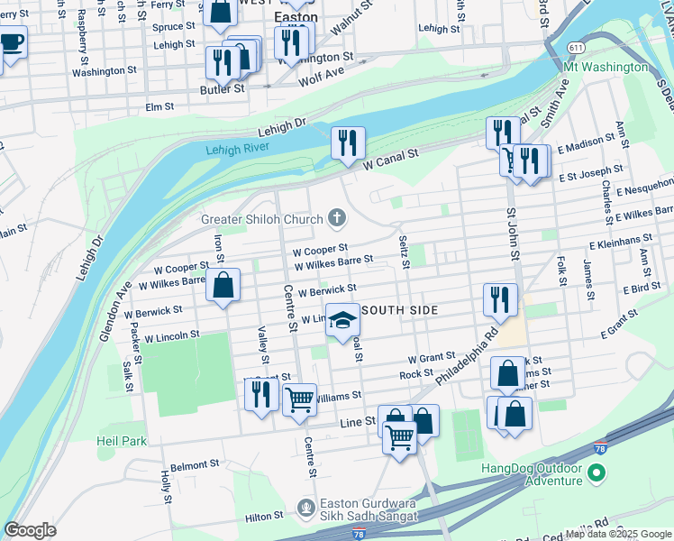 map of restaurants, bars, coffee shops, grocery stores, and more near 517 West Wilkes Barre Street in Easton