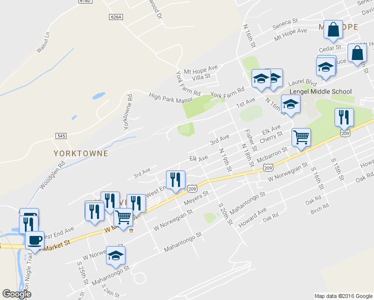 map of restaurants, bars, coffee shops, grocery stores, and more near 1958 3rd Avenue in Pottsville