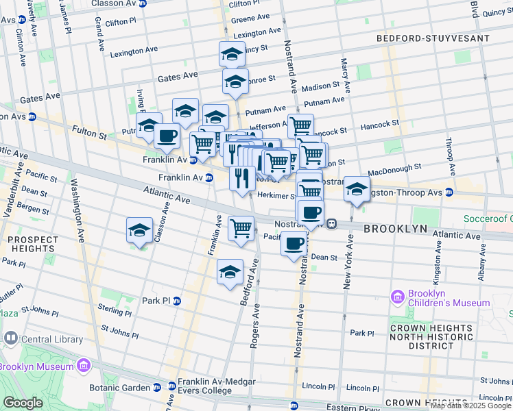 map of restaurants, bars, coffee shops, grocery stores, and more near 5 Herkimer Street in Brooklyn