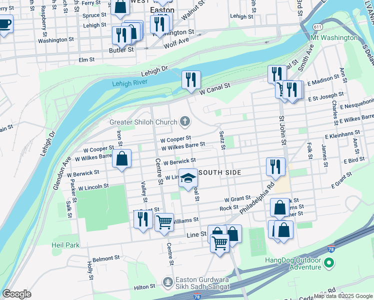 map of restaurants, bars, coffee shops, grocery stores, and more near 510 West Wilkes Barre Street in Easton