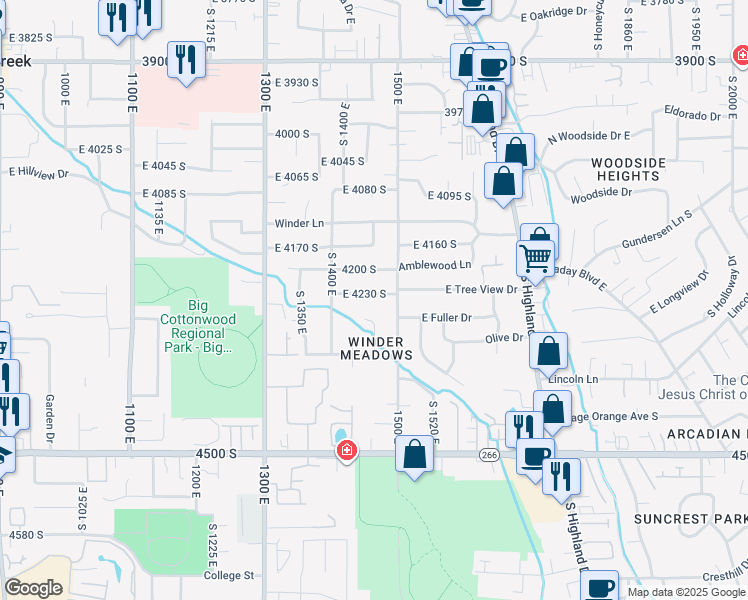 map of restaurants, bars, coffee shops, grocery stores, and more near 1466 East 4230 South in Millcreek