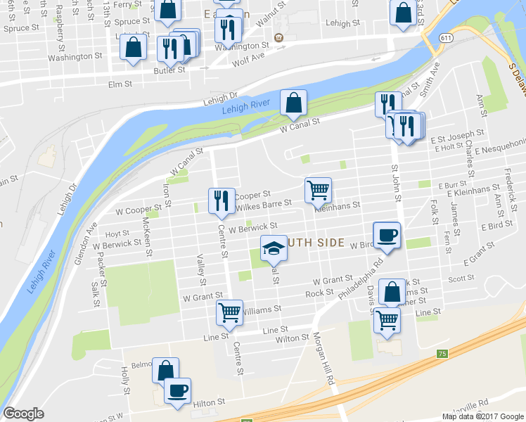 map of restaurants, bars, coffee shops, grocery stores, and more near 508 West Wilkes Barre Street in Easton
