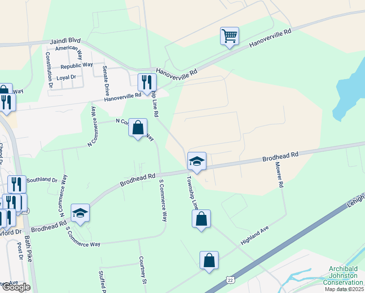 map of restaurants, bars, coffee shops, grocery stores, and more near 4901 Township Line Road in Bethlehem