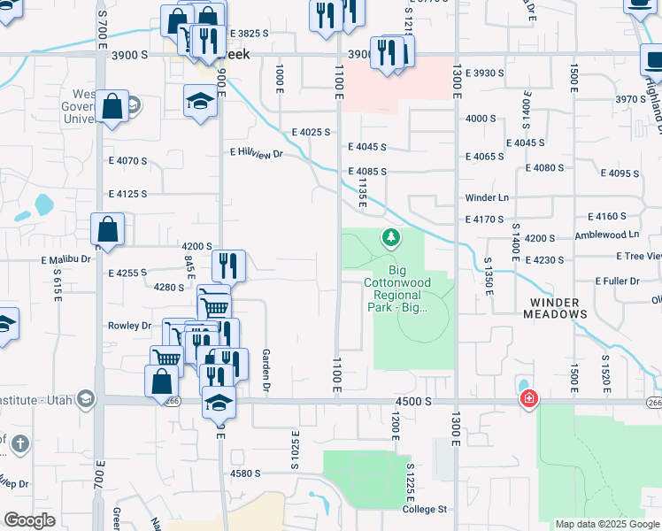 map of restaurants, bars, coffee shops, grocery stores, and more near 4221 South 1100 East in Salt Lake City