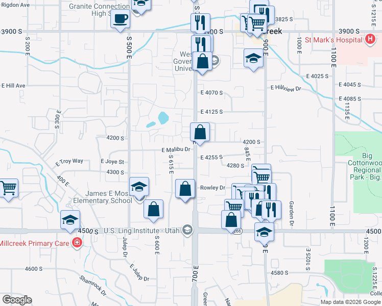 map of restaurants, bars, coffee shops, grocery stores, and more near 4212 Utah 71 in Millcreek