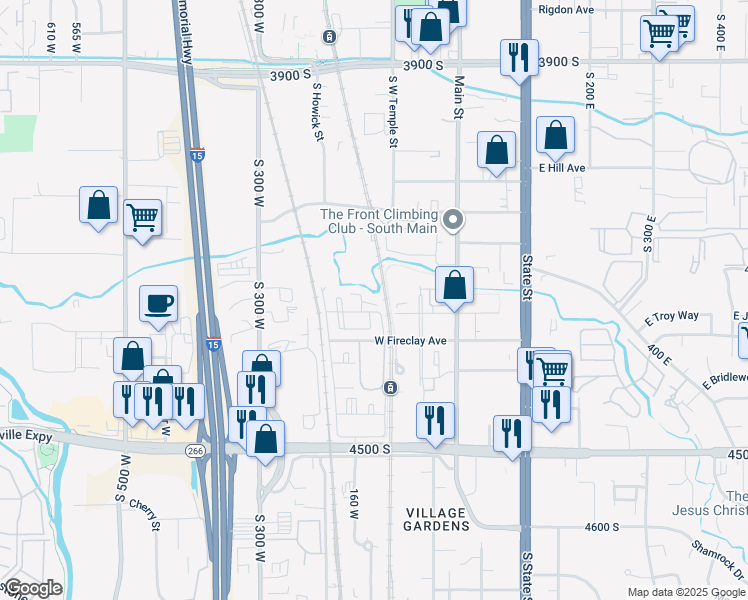 map of restaurants, bars, coffee shops, grocery stores, and more near 145 West Central Avenue in Murray