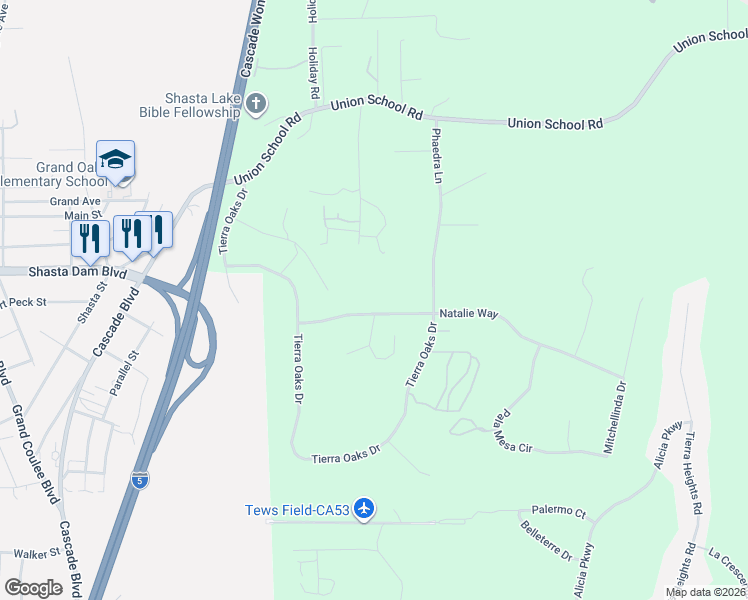 map of restaurants, bars, coffee shops, grocery stores, and more near 19340 Natalie Way in Redding