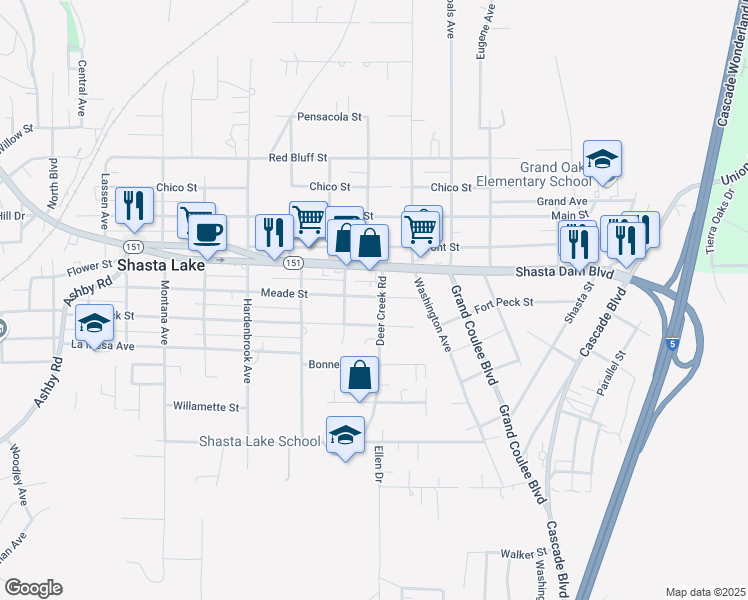 map of restaurants, bars, coffee shops, grocery stores, and more near 4750 Shasta Dam Boulevard in Shasta Lake