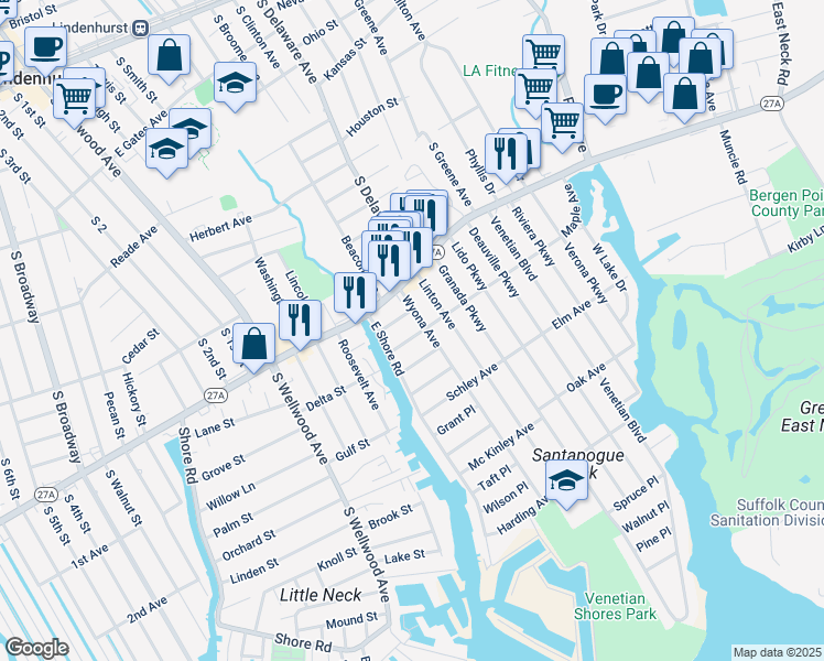 map of restaurants, bars, coffee shops, grocery stores, and more near 11 Wyona Avenue in Lindenhurst