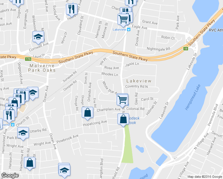 map of restaurants, bars, coffee shops, grocery stores, and more near 900 Jena Court in West Hempstead