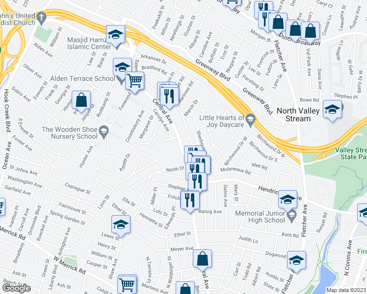 map of restaurants, bars, coffee shops, grocery stores, and more near 1629 Salem Road in Valley Stream