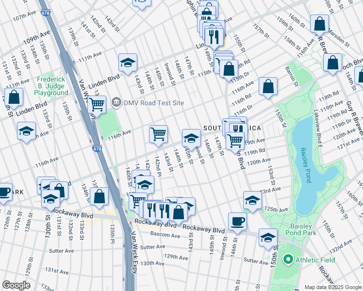 map of restaurants, bars, coffee shops, grocery stores, and more near 116-34 145th Street in Queens