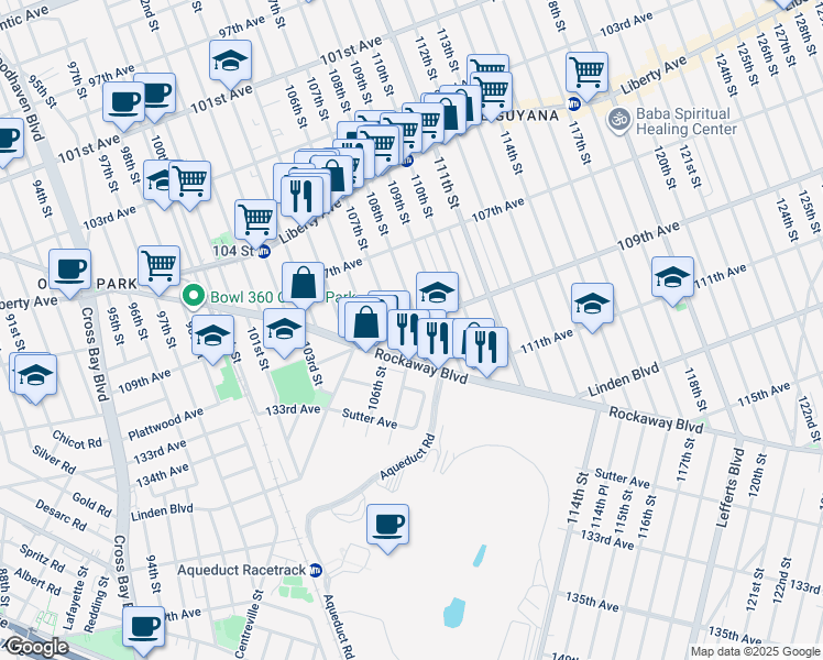 map of restaurants, bars, coffee shops, grocery stores, and more near 107-59 108th Street in Queens
