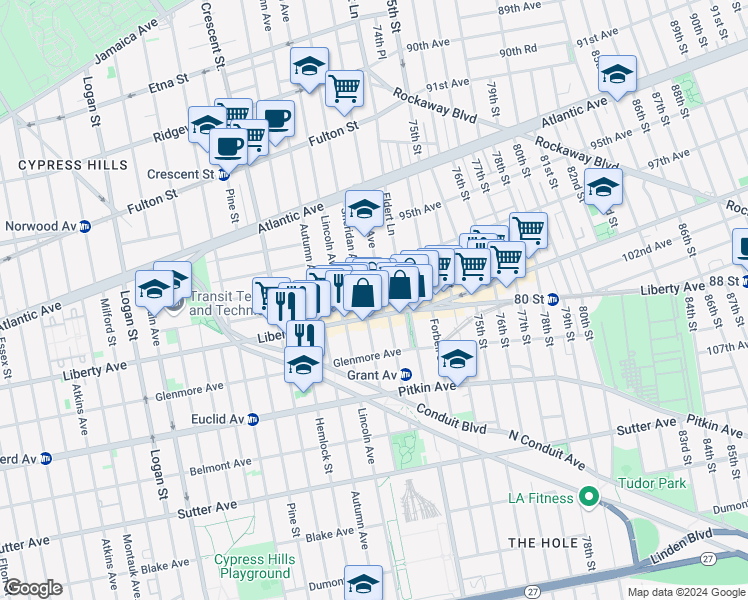 map of restaurants, bars, coffee shops, grocery stores, and more near 446 Eldert Lane in Brooklyn