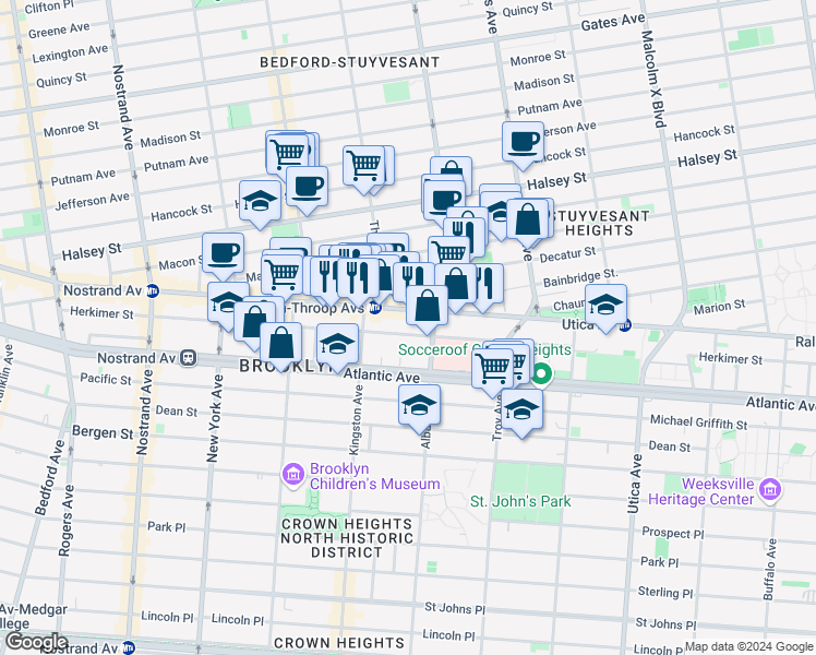 map of restaurants, bars, coffee shops, grocery stores, and more near 1545 Fulton Street in Brooklyn