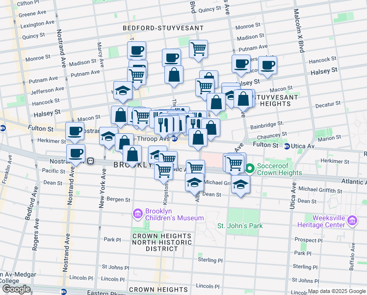 map of restaurants, bars, coffee shops, grocery stores, and more near 1545 Fulton Street in Brooklyn