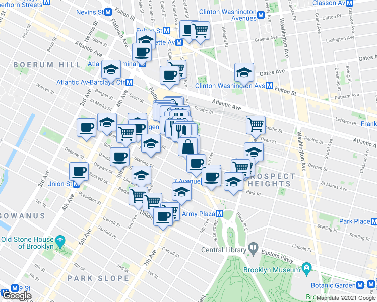 map of restaurants, bars, coffee shops, grocery stores, and more near 261 Flatbush Avenue in Brooklyn