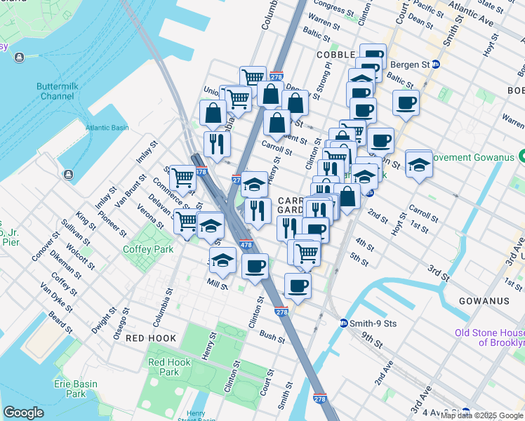map of restaurants, bars, coffee shops, grocery stores, and more near 619 Henry Street in Brooklyn