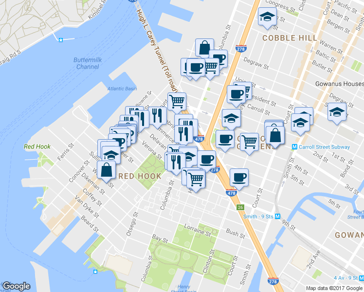 map of restaurants, bars, coffee shops, grocery stores, and more near 15 Seabring Street in Brooklyn