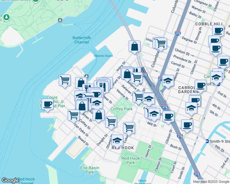 map of restaurants, bars, coffee shops, grocery stores, and more near 276 Van Brunt Street in Brooklyn