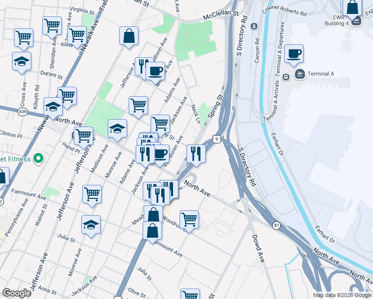 map of restaurants, bars, coffee shops, grocery stores, and more near 914 Spring Street in Elizabeth