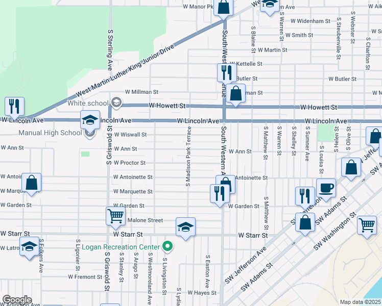 map of restaurants, bars, coffee shops, grocery stores, and more near 2104 West Wiswall Street in Peoria