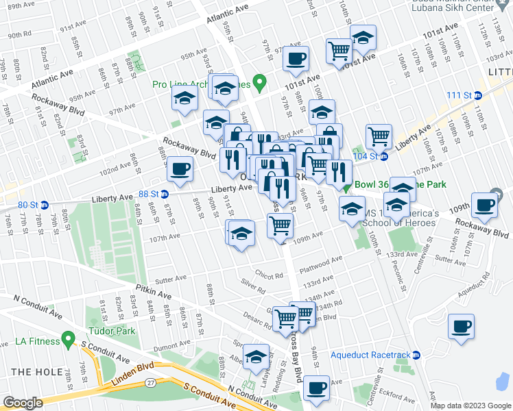 map of restaurants, bars, coffee shops, grocery stores, and more near 104-54 93rd Street in Queens