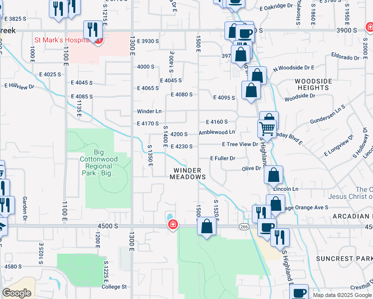 map of restaurants, bars, coffee shops, grocery stores, and more near 1466 East 4230 South in Millcreek