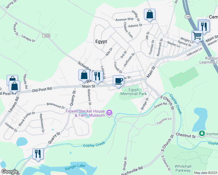 map of restaurants, bars, coffee shops, grocery stores, and more near 4724 Main Street in Lehigh County