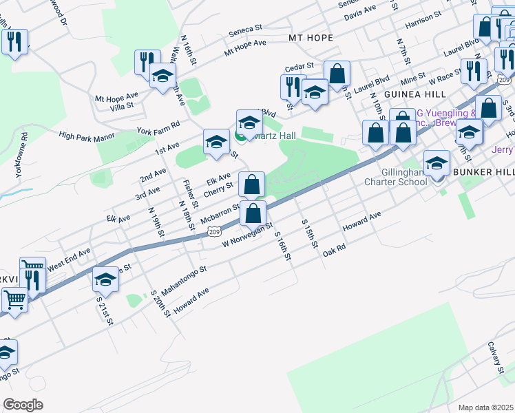 map of restaurants, bars, coffee shops, grocery stores, and more near 106 North 16th Street in Pottsville