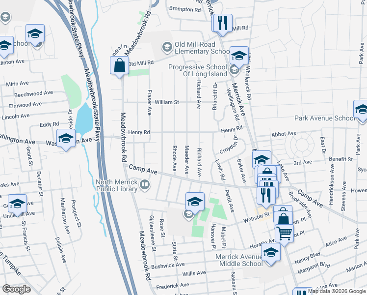 map of restaurants, bars, coffee shops, grocery stores, and more near 1562 Maeder Avenue in North Merrick