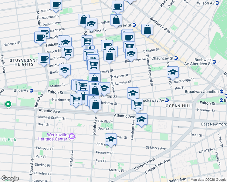 map of restaurants, bars, coffee shops, grocery stores, and more near Howard Ave & MacDougal St in Brooklyn