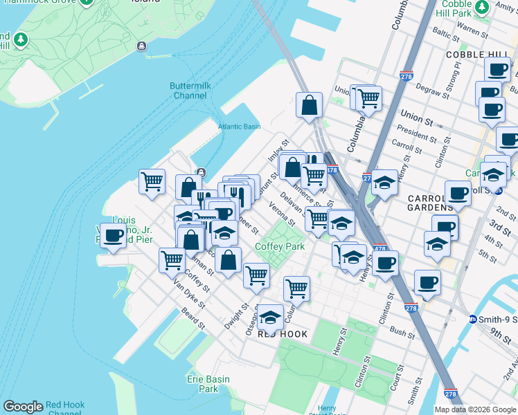 map of restaurants, bars, coffee shops, grocery stores, and more near 276 Van Brunt Street in Brooklyn