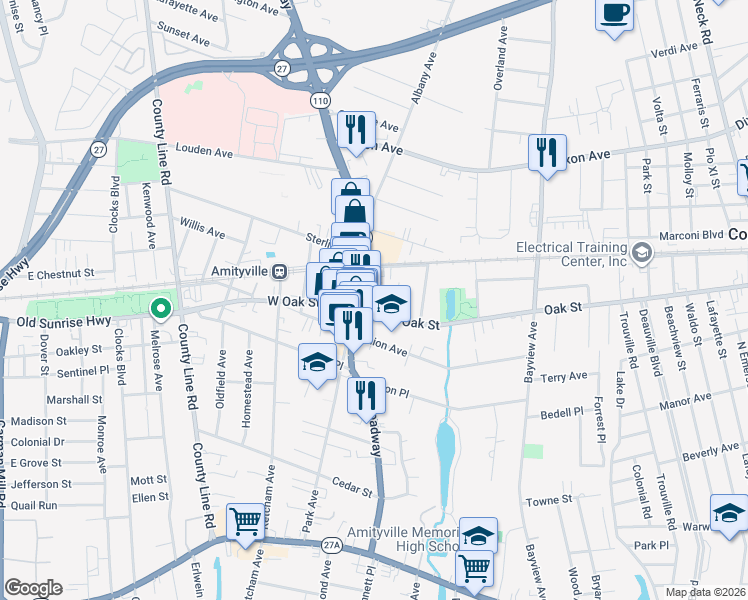 map of restaurants, bars, coffee shops, grocery stores, and more near Robert Court in Amityville