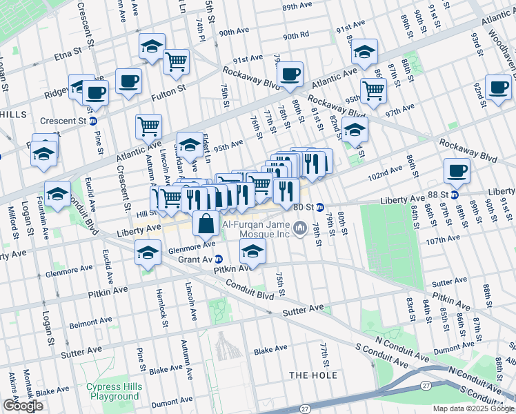 map of restaurants, bars, coffee shops, grocery stores, and more near 97-39 Drew Street in Queens
