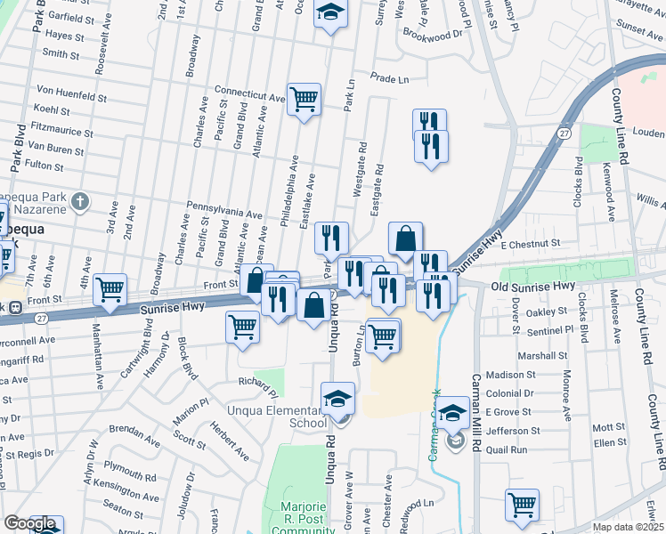 map of restaurants, bars, coffee shops, grocery stores, and more near 10 Park Lane in Massapequa