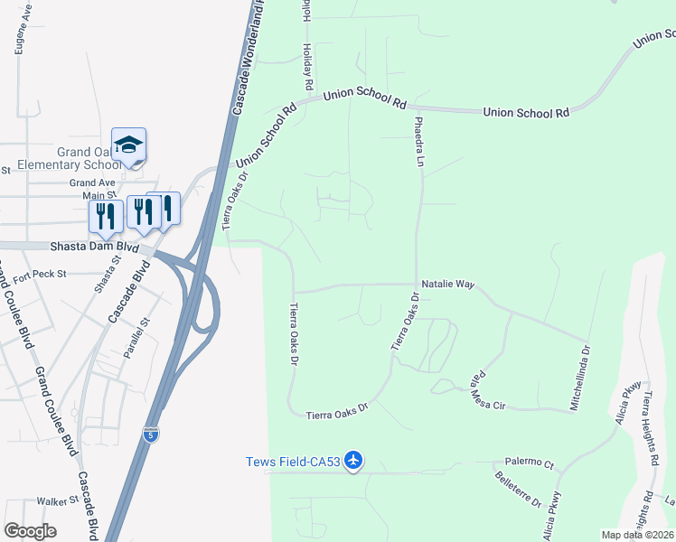 map of restaurants, bars, coffee shops, grocery stores, and more near 19340 Natalie Way in Redding