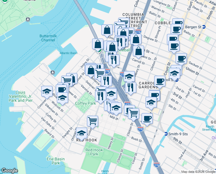 map of restaurants, bars, coffee shops, grocery stores, and more near 15 Seabring Street in Brooklyn