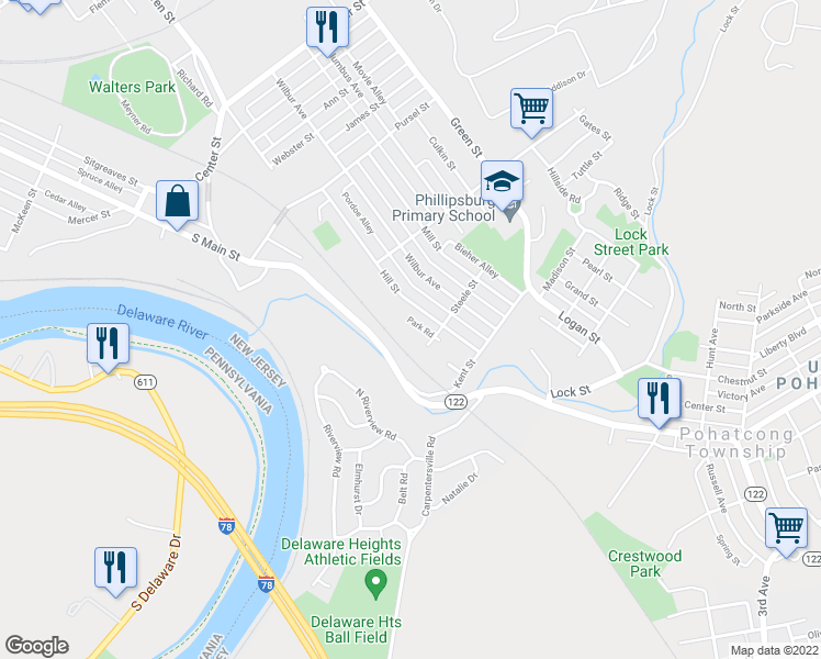map of restaurants, bars, coffee shops, grocery stores, and more near 934 Hill Street in Phillipsburg