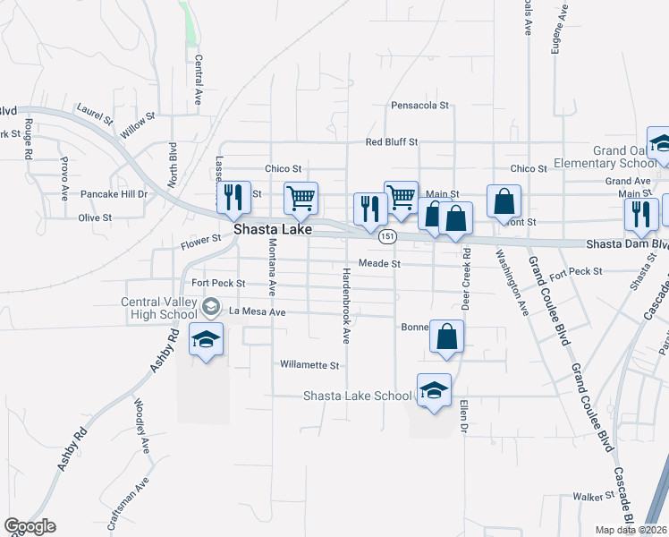 map of restaurants, bars, coffee shops, grocery stores, and more near 1665 Hardenbrook Avenue in Shasta Lake