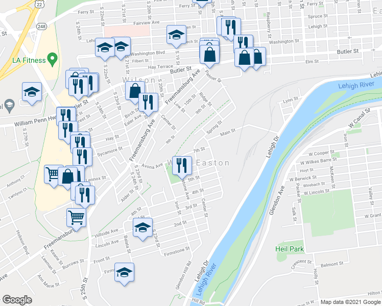map of restaurants, bars, coffee shops, grocery stores, and more near 398 7th Street in West Easton